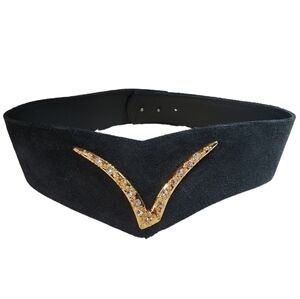 VTG Glam 80s V Cinch Belt Crystal Rhinestone Suede Goldtone M/L